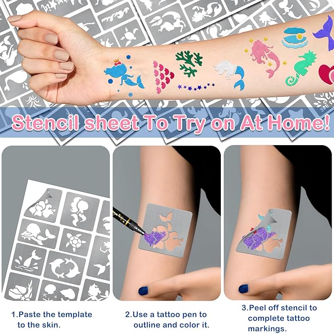 Yazhiji 167PCS Mermaid Temporary Tattoo Stencils, Face and Body Paint Stencils, Girl Boy Glitter Tattoos Pack for Kids School Show Birthdays Mermaid Christmas Party Favor Supplies