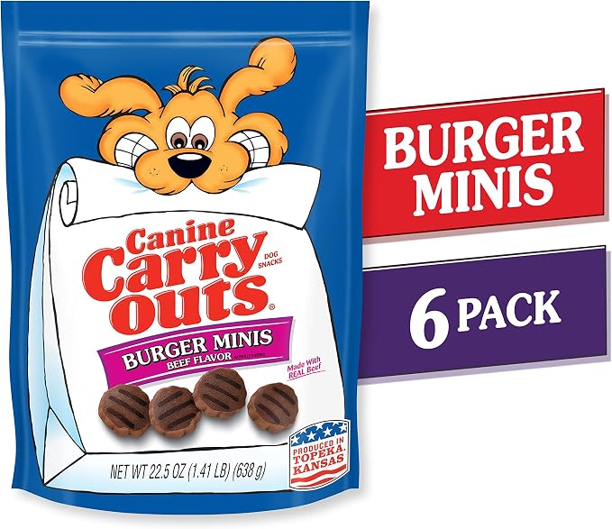 Canine Carry Outs Dog Treats, Burger Minis Beef Flavor, 22.5 Ounce (Pack of 6), Made with Real Beef | Soft & chewy dog snacks. Made with real beef. Shaped like miniature hamburger patties. Produced in Topeka, Kansas.