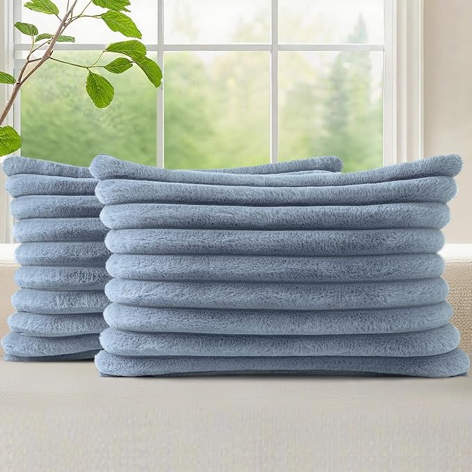 decorUhome Fall Faux Fur Throw Pillow Covers 12x20 Set of 2 Grey Blue | Decorative Soft Cozy Striped Plush Modern Farmhouse Boho Couch Pillow Cases Velvet Back for Sofa Bed Living Room Home Decor