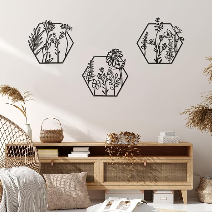 Peryiter 3 Pcs Metal Flower Wall Decor Minimalist Floral Wall Hanging Decor Floral Metal Rustic Flower Art for Summer Living Room Bathroom Kitchen Indoor Outdoor(Black)