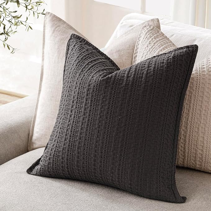 Foindtower Set of 2 Decorative Cotton Waffle Weave Throw Pillow Covers Euro Shams Cushion Covers Accent European Pillowcase for Bed Couch Sofa Bedroom Living Room Home Decor 18×18 Inch Dark Grey
