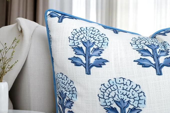 Marigold Floral Print 20x20 Pillow Covers Set of 2, Blue | Blue marigold floral on off-white slub, blue piping; both sides printed; hidden zip; cover only