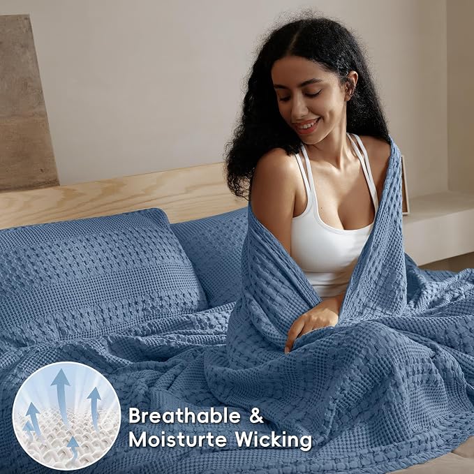 PHF 100% Cotton Waffle Weave Blanket Queen Size, Lightweight Breathable Summer Blanket for Hot Sleepers, Pre-Washed Soft Layer for Bed, Couch, Aesthetic Home Decor & Gift, 90"x90", Denim Blue