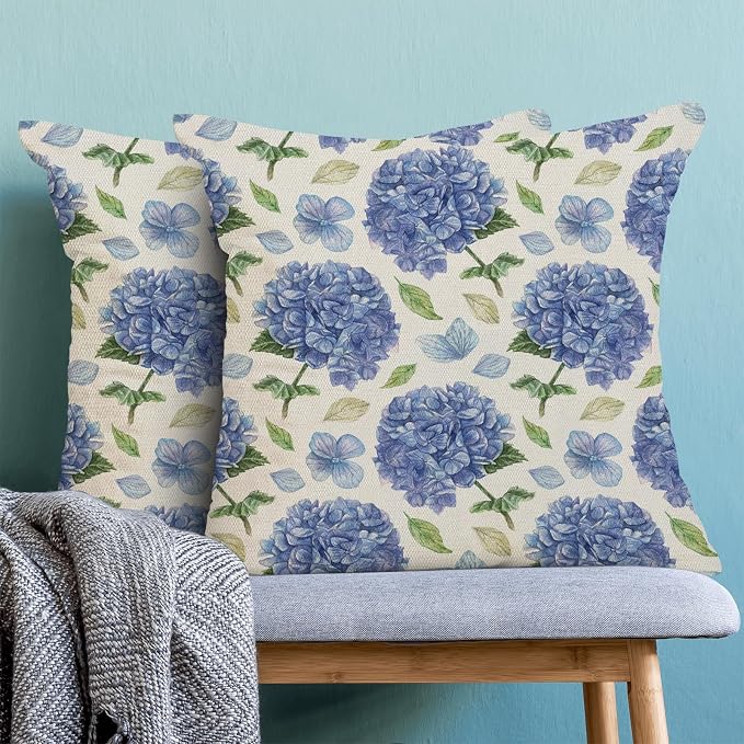 AEIOAE Spring Floral Pillow Covers 18x18 Inch Set of 2, Blue Green Hydrangea Flower Leaves Throw Pillows Case,Summer Outdoor Seasonal Decorative Farmhouse Decor Cushion Covers for Home Sofa Bed Couch