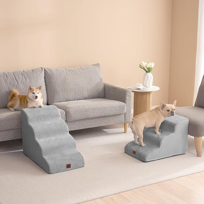 EHEYCIGA Curved Dog Stairs Ramp, 4-Step High Beds, 19.7" H Pet Step | 33D density of pure foam, for Small Dogs and Cats, Pet Stairs for High Bed Climbing, Non-Slip Balanced Indoor, Light Grey
