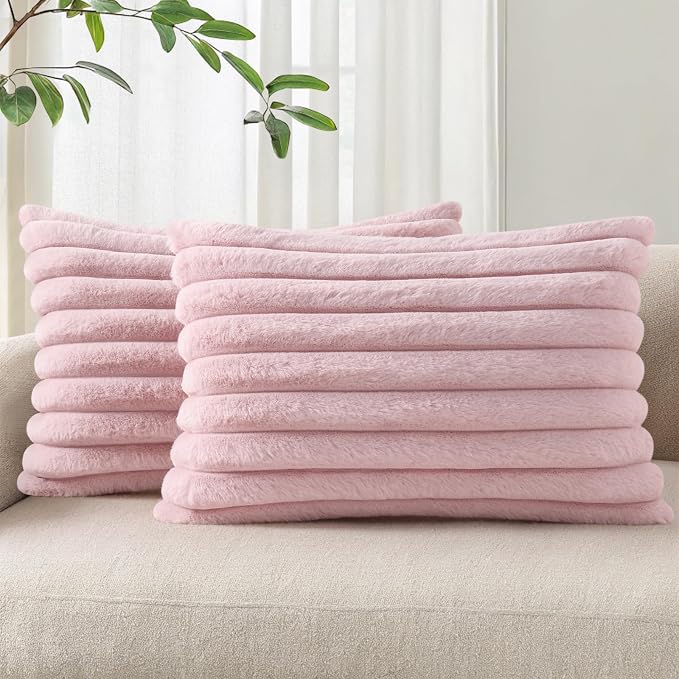 Pallene Faux Fur Decorative Throw Pillow Covers 12x20 Set of 2, Blush Pink | Luxury Plush Texture, Striped Design, Cozy Soft Touch, Modern Home Accent Decor for Couch, Sofa, Bed, Living Room