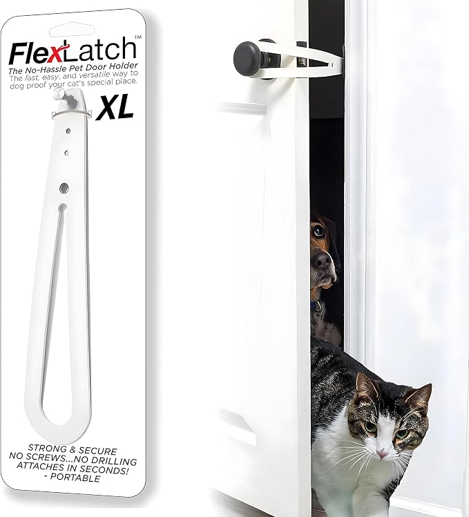 FlexLatch Cat Door Holder Latch - Extra Large Cat Door Alternative Installs Fast Flex Latch Strap Let's Cats in and Keeps Dogs Out of Litter & Food. Safe Baby Proof One Piece No Measuring Extra Easy