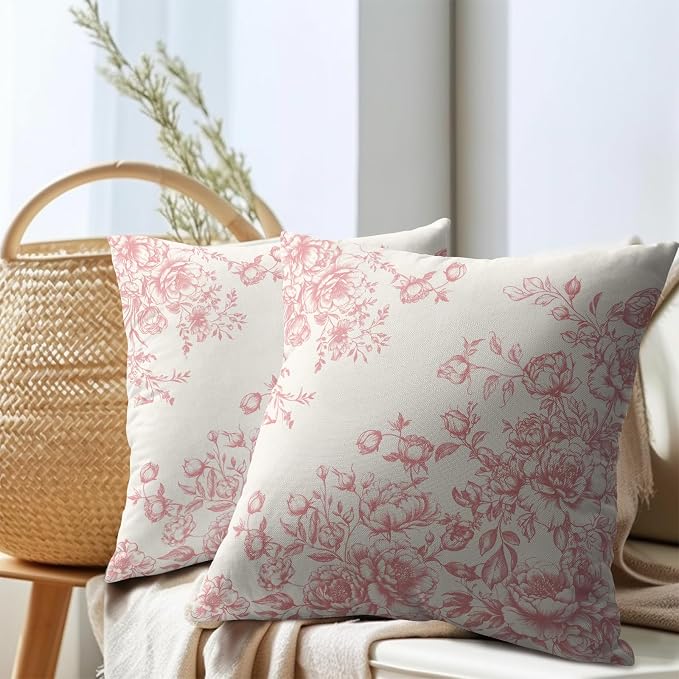 Kawani Pink Chinoiserie Pillow Covers 16x16 Set of 2 Vintage Victorian Bouquet Flower Leaves Cotton Linen Square Cushion Case for Couch Sofa Sofa Bedroom Indoor Outdoor Party Home Decor
