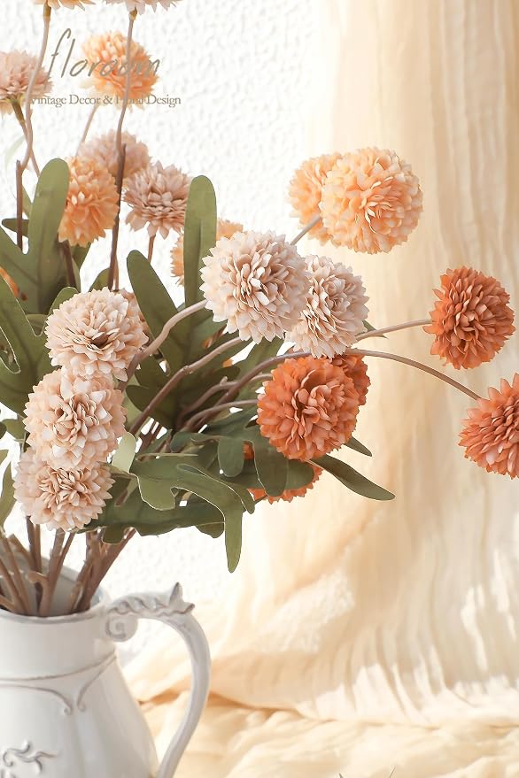 9pcs Burnt Orange Peach Mix Faux Silk Mums Artificial Flowers, Bulk Fake Small Mini Chrysanthemums with Stems for DIY Wedding Centerpieces Floral Arrangements Vase Fillers Home Decorations