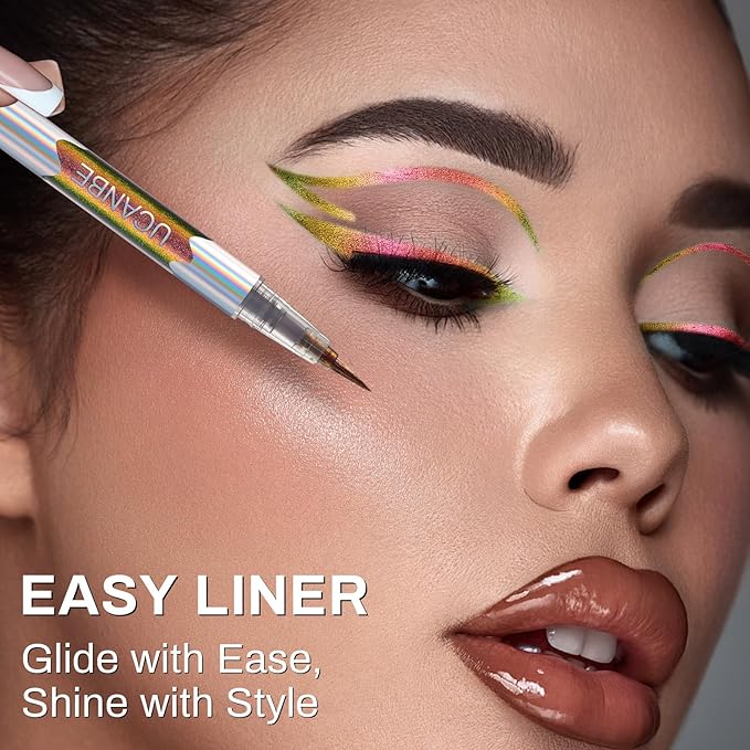 UCANBE Chameleon Liquid Eyeliner - Gold Pink Purple, Multi-Chrome Metallic Shift Eyeliner, Waterproof Glitter Eyeliner with Soft Fine Tip for Multi-Dimensional Eye Looks