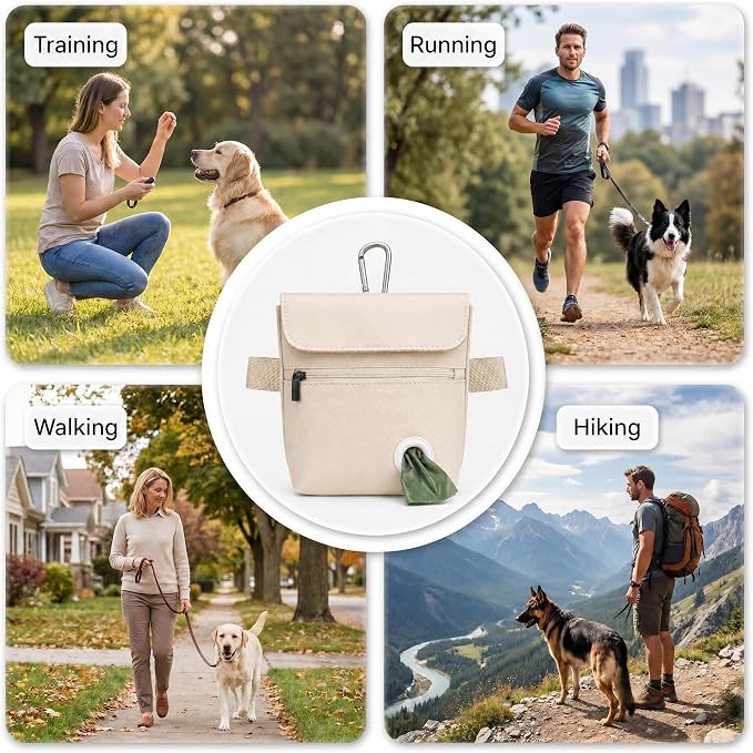 Dog Treat Pouch and Dog Training Clicker, Treat Bag with Poop Bag Dispenser, Powerful Magenetic Clasp, Metal Clip Waist Belt Fanny Pack for Pet Walk Dog Training (White)