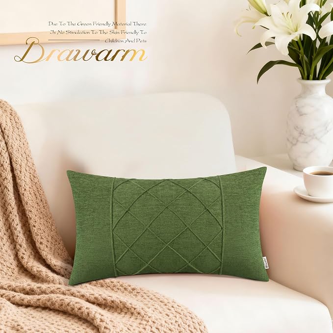 BRAWARM Chenille Throw Pillow Covers 12x20 Inches, Forest Green, 2 Pack | Decorative Lumbar Pleated Pillow Covers, Soft Cushion Cases for Sofa Bed Living Room Home Farmhouse (No Insert)