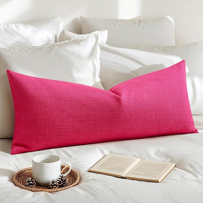 OTOSTAR Linen Throw Pillow Cover Set of 1 Decorative Long Lumbar Pillowcase Rectangle Cushion Cover 14x36 Inch for Home Decor Sofa Bedroom Car 35 x 90CM Hot Pink