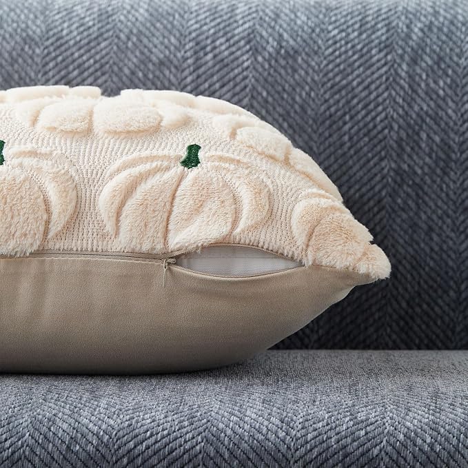 DFXSZ Fall Pillow Covers 18x18 2Pcs Beige Green Pumpkin Fall Decorations | Fall decor Set of 2 Throw Pillow Cases Soft Plush Faux Fur Wool Couch Cushion for Chair Sofa Bedroom Living Room Home Decor