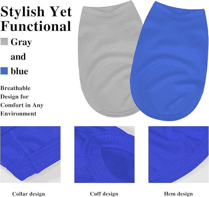 2 Pack Solid Color Dog Shirts – Lightweight, Breathable Pet T-Shirts, Durable Stretchy Clothes for Small to Large Dogs, Ideal for Everyday Wear & Holidays.Grey Blue Small