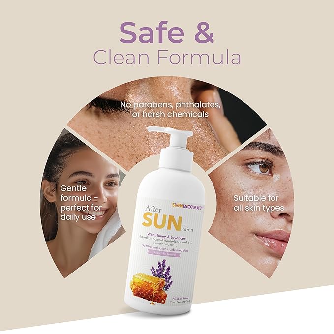 After Sun Lotion with Honey & Lavender – Hydrating & Soothing Moisturizer for Sunburned Skin – Natural Aloe Vera, Vitamin E & Jojoba Oil – Paraben-Free – 8.45 fl. oz (250ml)