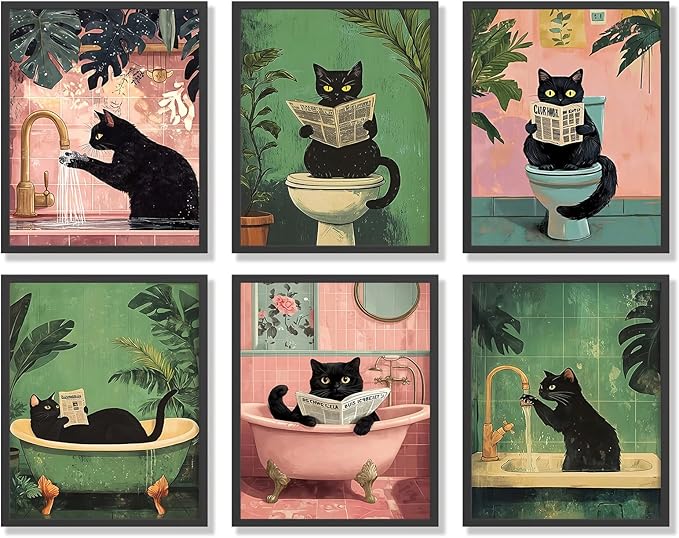 KBKBART 6pcs Funny Cat Bathroom Wall Art Prints Poster Unframed, 8x10 inch | Canvas Wall Decor, Black Cat Pictures Bathroom Toilet Art, Vintage Painting Artwork, for living room bedroom