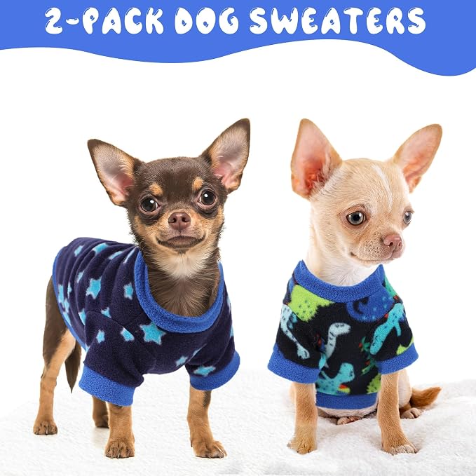 2 Pieces Dog Sweaters for Small Dogs Fleece Dog Clothes Soft Warm Puppy Sweater Doggie Coat for Winter Pet Cloting for Chihuahua Yorkie (Stars, Dinosaurs, Large)