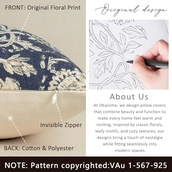 Vintage Floral Print Throw Pillow Covers 20x20 Set of 2 Neutral Modern Farmhouse Pillow Cases Accent Decorative Cushion Covers Boho Home Decor for Couch Sofa Chair Bed Living Room, Navy