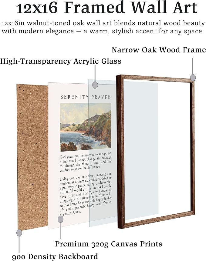 EcoHest 12x16 in Serenity Prayer Mountain Framed Christian Wall Art | Walnut Color Solid Oak Frame，Canvas Wall Art, Scripture Bible Verse Wall Decor for Bedroom, Living Room, Office, Church,1Pack