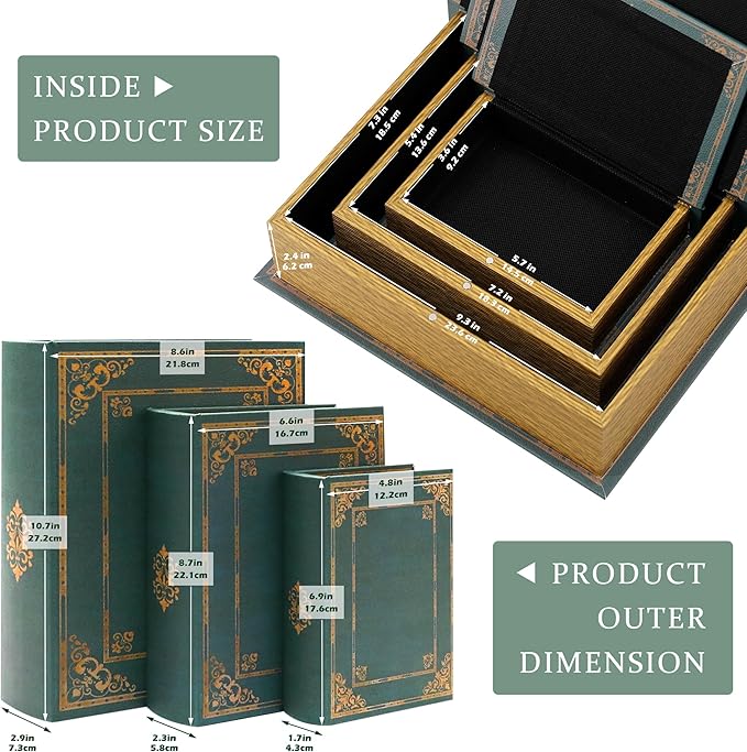 Jolitac Wooden Decorative Book Boxes 3-Pack - Vintage Style Secret Storage Boxes Handcrafted Wooden Storage Containers with Rustic Magnetic Closure for Jewelry & Keepsakes (Vintage Green)