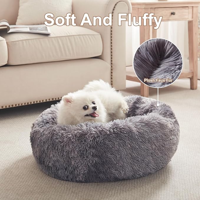 23 in Faux Fur Fluffy Donut Dog Bed for Small Dogs,Tie-dye Grey | Calming Plush Round Puppy Pet Bed with Removable & Washable Cover,Fits up to 25 lbs Pets
