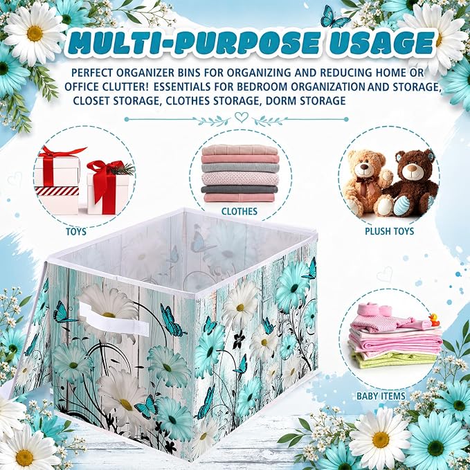 Briwooody Blue Daisy Storage Bin with Lid and Carrying Handle Floral Butterfly Foldable Storage Box Large Farmhouse Decorative Collapsible Container Basket for Organizing Closet Home Bedroom Gift