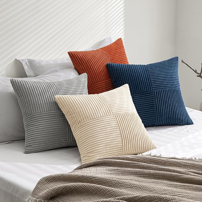 MIULEE Blue Rust Throw Pillow Covers 18x18 Inch Set of 4 Boho Farmhouse Cushion Cases Soft Corduroy Nordic Corduroy Pillow Cases Patchwork Home Decor for Couch Sofa Bedroom