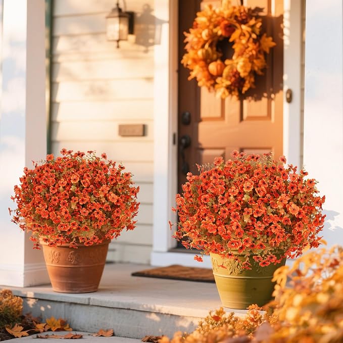 24 Pcs Artificial Fall Flowers, Fake Mums Outdoors, Fall Orange | Lifelike faux mums, silk flower, UV resistant, no-maintenance, for autumn Thanksgiving garden porch yard indoor outdoor decor