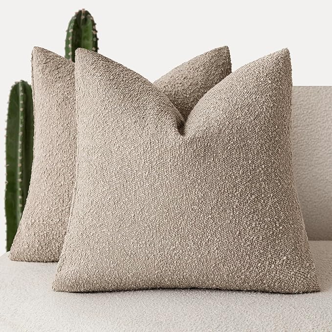 Foindtower Set of 2, Decorative Textured Boucle Throw Pillow Covers Accent Solid Pillow Cases Neutral Cozy Couch Cushion Case for Chair Sofa Bedroom Living Room Home Decor 16x16 Inch Light Khaki Tan