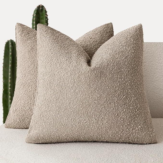Foindtower Pack of 2 Textured Boucle Throw Pillow Covers Neutral Accent Solid Decorative Pillow Cases Cozy Woven Couch Cushion Case for Sofa Bedroom Living Room Home Decor 20x20 Inch Light Khaki Tan
