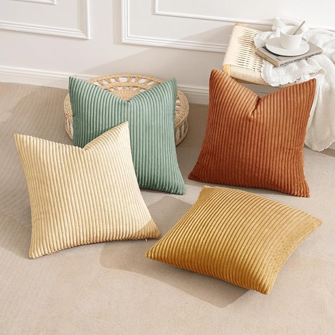MIULEE Soft Corduroy Decorative Throw Pillow Covers Orange Teal 20x20 | Set of 4, Mordern Rustic Home Decor, Retro Vintage Set, Boho Farmhouse Cushion Covers for Couch Bed Sofa Living Room