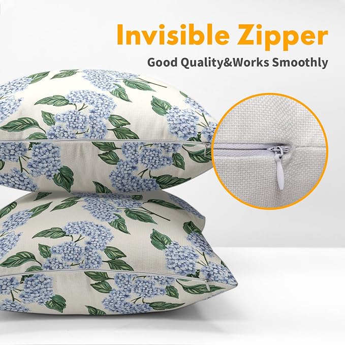 Square Blue Hydrangea Flower Pillow Covers 24x24 Inch Set of 2 Spring Blue Floral Cornflower Throw Pillow Cases Outdoor Linen Square Cushion Cover Farmhouse Decor for Bedroom Home Sofa Couch Bed