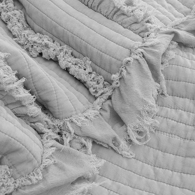 Ultra Soft Pre-Washed Quilted Boho Grey King Size Blankets for Bed, Ruffle Fringed Decorative Throw, Stone Washed Chic Rustic Blanket for Sofa Couch Bed, 104"*90"