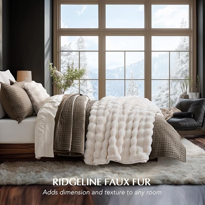Faux Rabbit Fur Bubble Throw Blanket, 60"x80", Ivory White | Ultra Soft, Luxury Faux Rabbit Fur Throw, Thick Warm Bubble Blanket, Cozy Fluffy Reversible, for Bed, Couch, Chair, Sofa