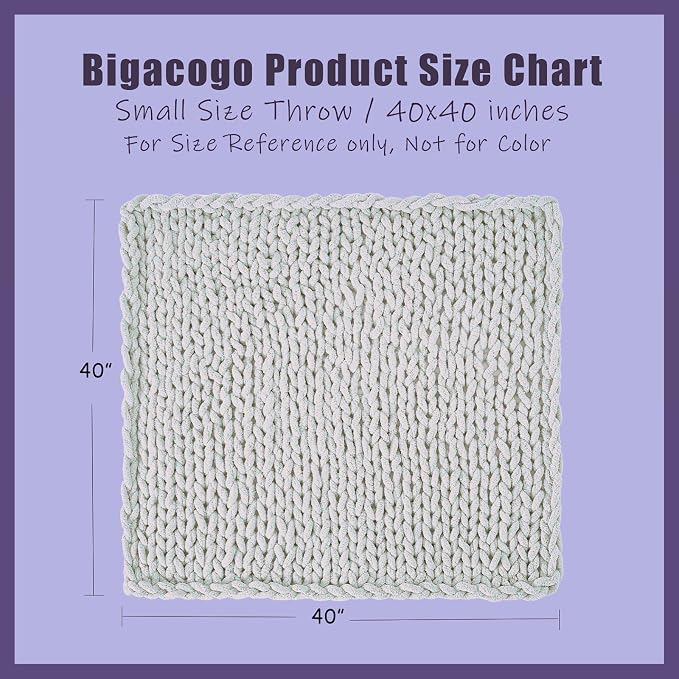 Bigacogo Chunky Knit Throw Blanket for Couch, 40x40 inches, Cold Sea Blue | Hand Knit with Jumbo Chenille, Soft Breathable Cable Knit for Sofa Bed Living Room, Machine Washable, Gift for Mom Friend