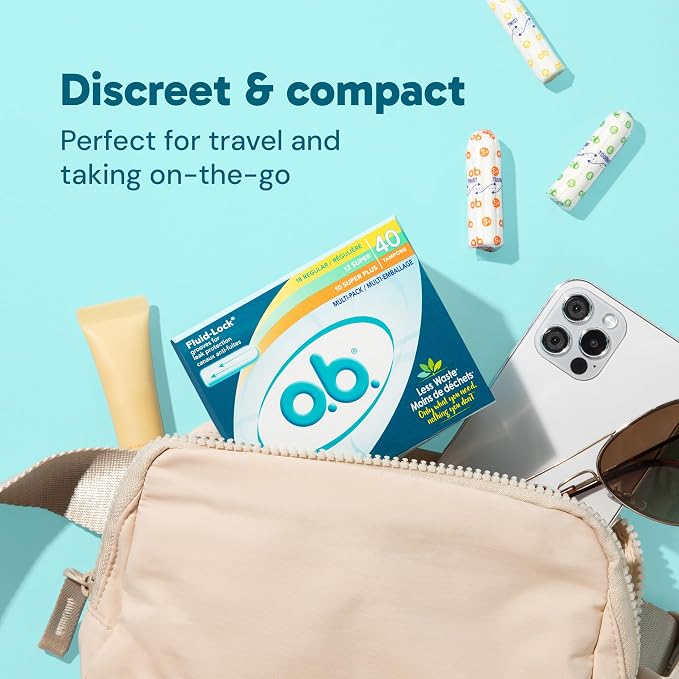 o.b. Tampons No Applicator, Unscented - 40ct (18ct Regular/12ct Super/10ct Super Plus) | Applicator-Free Tampons Multipack, Feminine Care, ob Tampon Multipack, Period Products