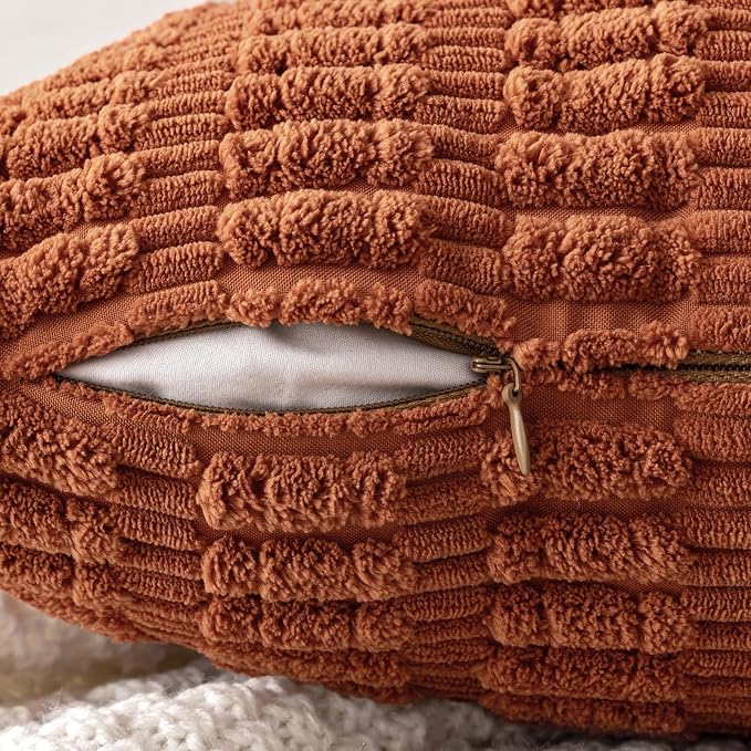 MIULEE Fall Decorative Throw Pillow Covers 20x20 Dark Rust Pack of 2 | Terracotta Soft Corduroy Boho Striped Pillow Covers Modern Farmhouse Autumn Home Decor For Sofa Living Room Couch Bed