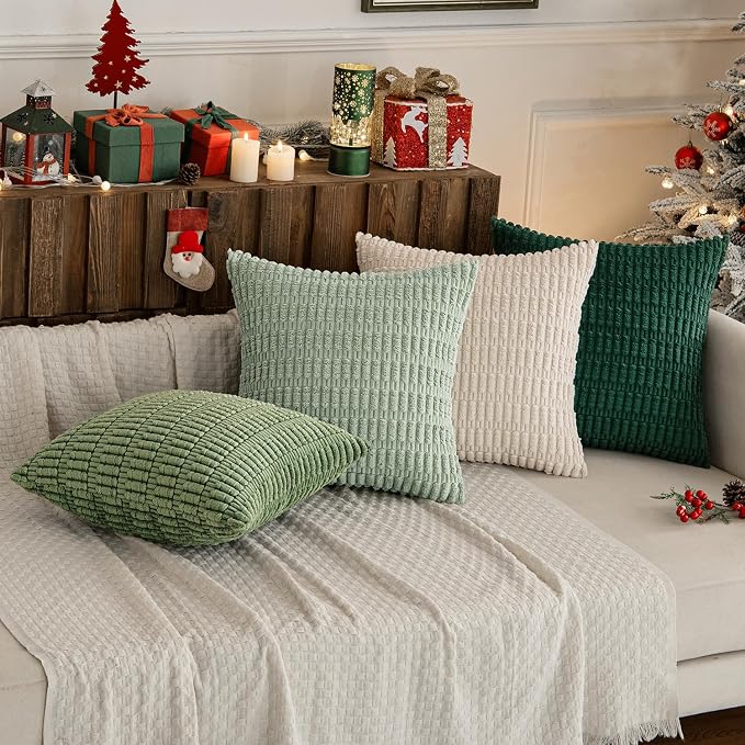 MIULEE Pack of 4 Summer Neutral Corduroy Decorative Throw Pillow Covers 20x20 Inch Farmhouse Boho Rustic Soft Striped Pillow Covers Home Decor for Sofa Living Room Couch Bed Green | Neutral Rustic Farmhouse Boho Soft Striped Pillow Covers,Home Decor fo...