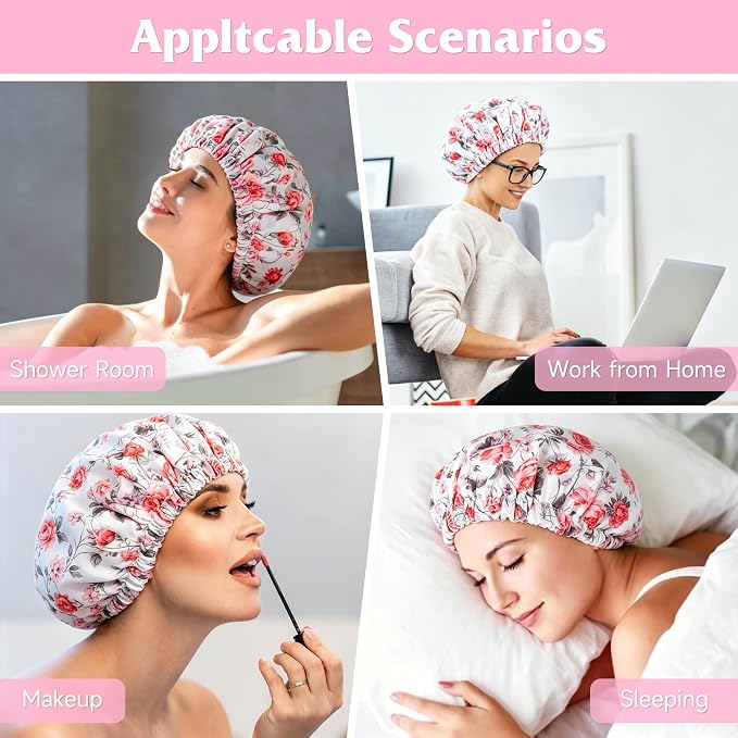 Reusable Castor Oil Hair Cap for Women, Suitable for Treating Dry, Damaged Hair, Overnight Organic Cotton Hair Cap (Oil Not Included), Red Flowers, S