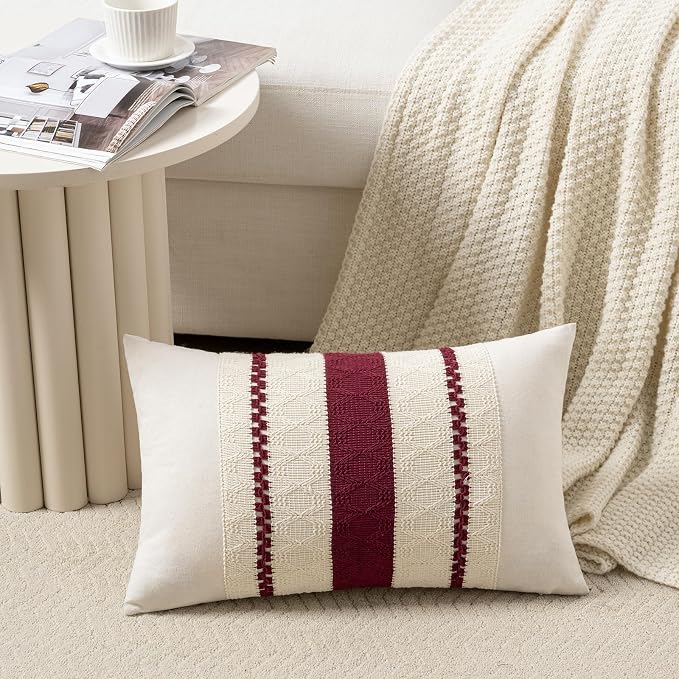 Fancy Homi Set of 2 Burgundy Boho Long Lumbar Decorative Throw Pillow Cover 14x24 Inch for Couch Bed Sofa, Aesthetic Modern Farmhouse Christmas Room Decor, Soft Cotton Cute Wind Red Cushion Case