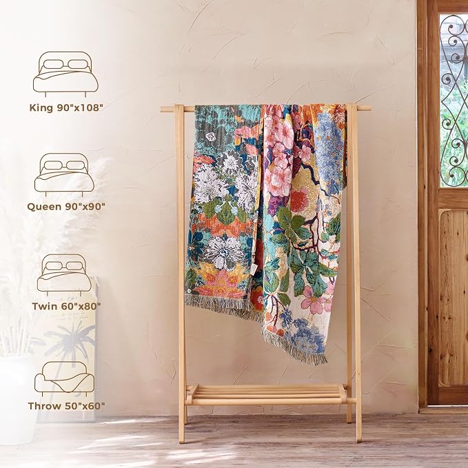 LUTBM Boho Throw Blanket for Bed 60"x80", All Season Cotton Couch Blankets | Reversible Watercolor Floral, Muslin Twin Quilt, For Chair Sofa Living Room, Lightweight & Breathable Gauze, Home Decor Gift