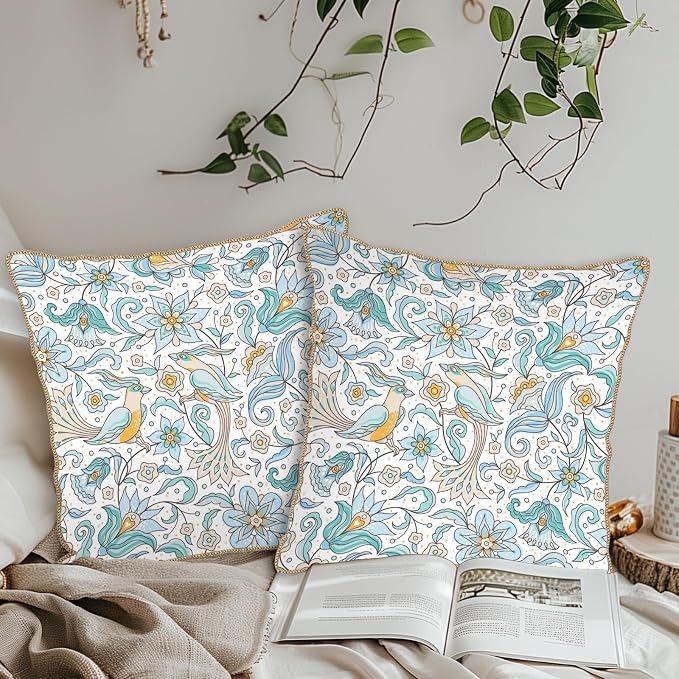 KSLIDS Vintage Floral Soft Velvet Throw Pillow Covers Set of 2 Blue Yellow Flower Birds Decorative Pillow Covers 16x16 Inch Chinoiserie Country Pillow Case for Sofa Couch Bedroom Farmhouse Home Decor