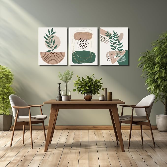 DNIEOTU Boho Canvas Wall Art for Living Room, Minimalist Geometric Shapes Wall-Decor for Bedroom, Modern Botanical Picture Prints, Size 16 x 24 Inches 3-Pieces