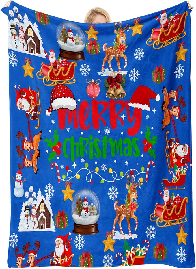 COMFAR Blue Cute Christmas Blankets and Throws for Adults/Women/Boys/Kids, Holiday Fleece Throw Blanket for Couch/Sofa, Holiday Decor, Christmas Decorations/Gifts 40"x 60"
