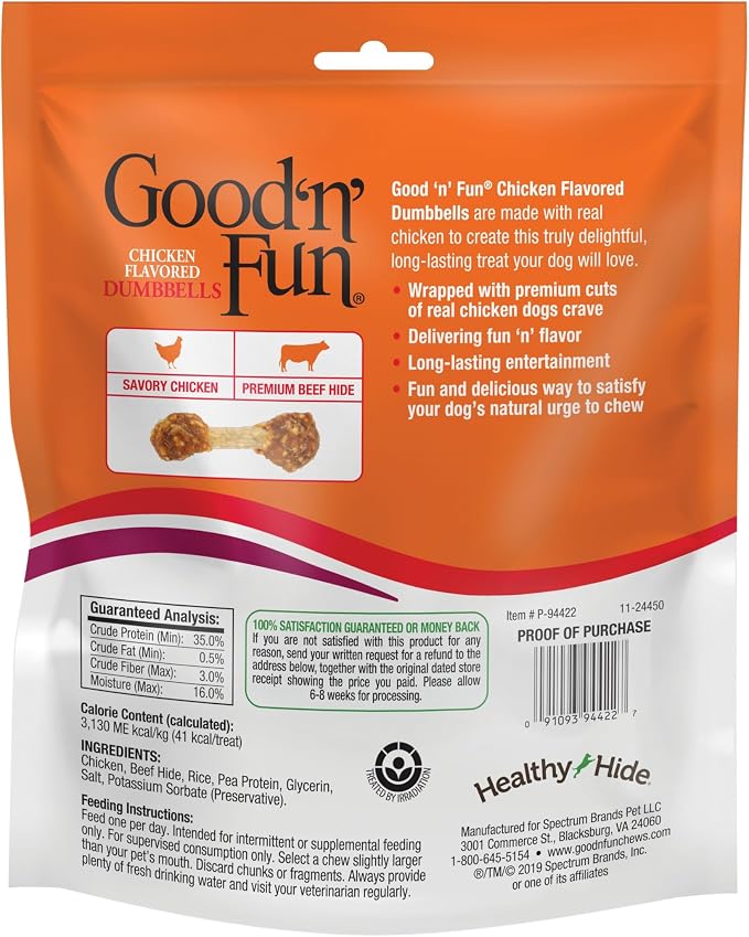 Good 'n' Fun Dumbbells Long-Lasting Dog Treat for Small Dogs, 12 oz | Made with Real Protein, Premium Chicken and Beef Hide Chew, Supports Dental Health, Mental Stimulation, For Adult Dogs