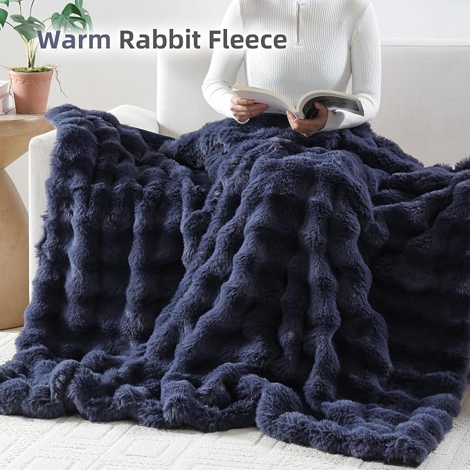 Faux Rabbit Fur Throw for Couch - Navy Blue Bubble Blanket 60"x80" | Fluffy Plush Fuzzy Throw for Sofa & Bed, Super Soft Cozy Comfrt Blanket, Luxury Aesthetic Navy Blue Decor Gift for Women