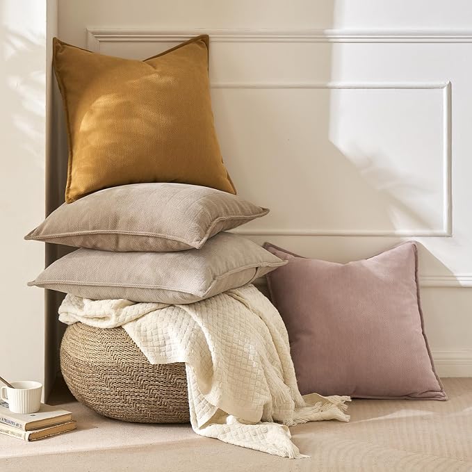 MIULEE Pack of 2 Khaki Decorative Chenille Pillow Covers 18x18 Inch | Soft Couch Throw Pillows,Farmhouse Cushion Covers with Elegant Design for Sofa,Bedroom,Living Room,Spring Home Decor