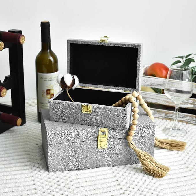 Faux Shagreen Leather Decorative Storage Boxes Set of 2, Light Grey | for keeping precious keepsakes, trinkets, jewelry and other small items organized and out of sight