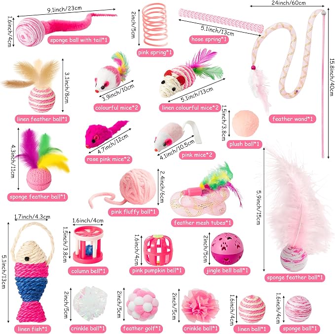 MALLMALL6 Cat Toy Set Interactive Cat Toys 27Pcs Pack Stuff Pink Feather Teaser Wand Springs Mice Sisal Fish Crinkle Balls Bell Balls, Puzzle Pack for Indoor Kitty Play Exercise